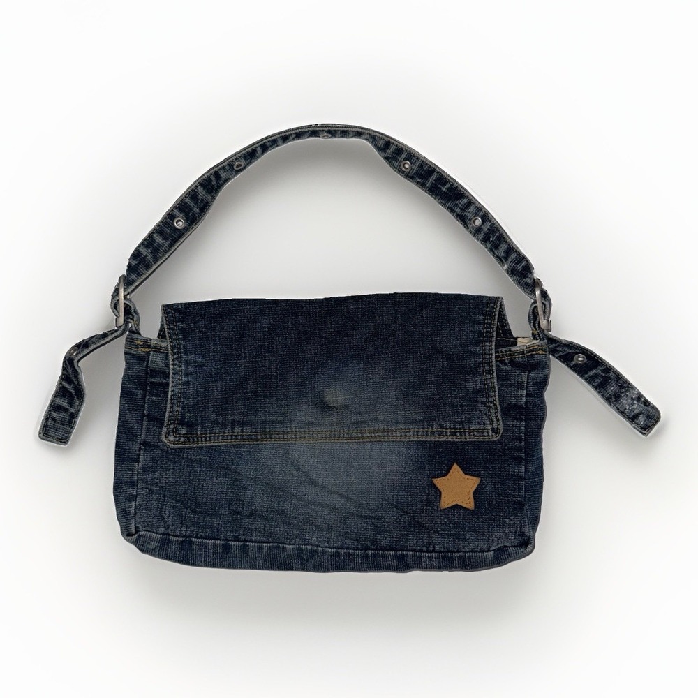 Vintage Y2K Weather Vane Mini Denim Shoulder Bag Purse Star Patch Grommet Strap